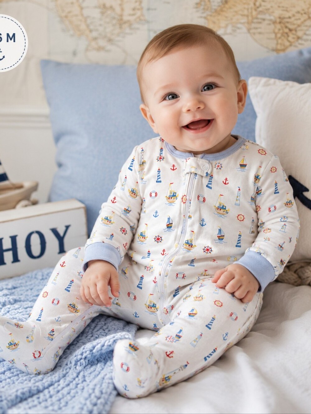 Hug Me First Pima Cotton Nautical Footed Sleeper 3-6M